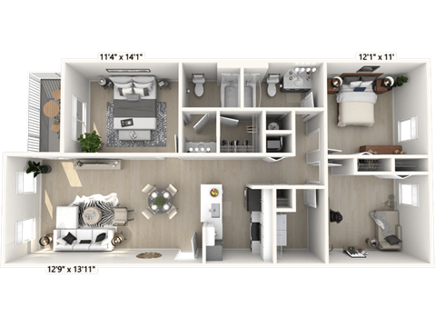 Floor plan for 3 beds, 2 baths, 1218 sqft